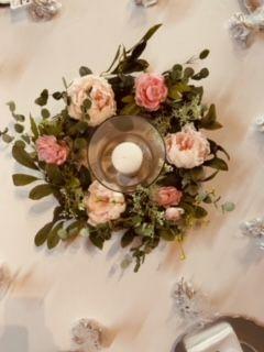 Photo looking down on centerpiece for guest tables