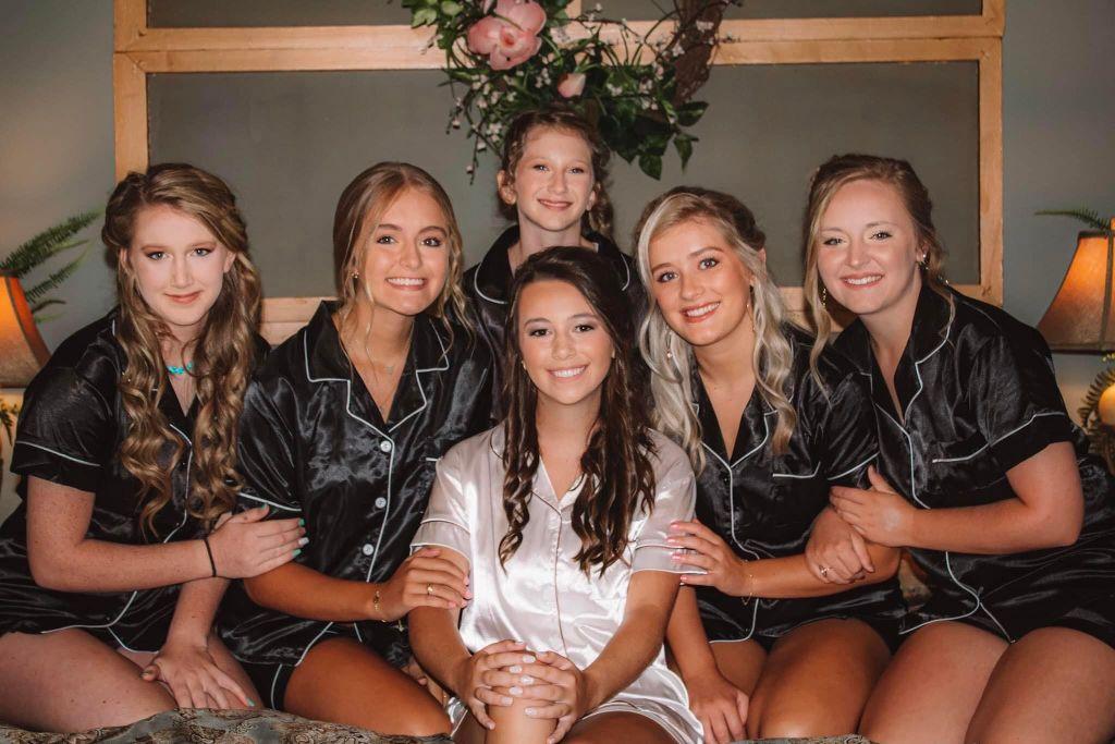 Burks wedding - photo of bride and bridesmaids in matching attire getting ready for wedding